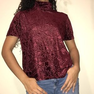 Red Velvet Floral Short-sleeve Turtleneck